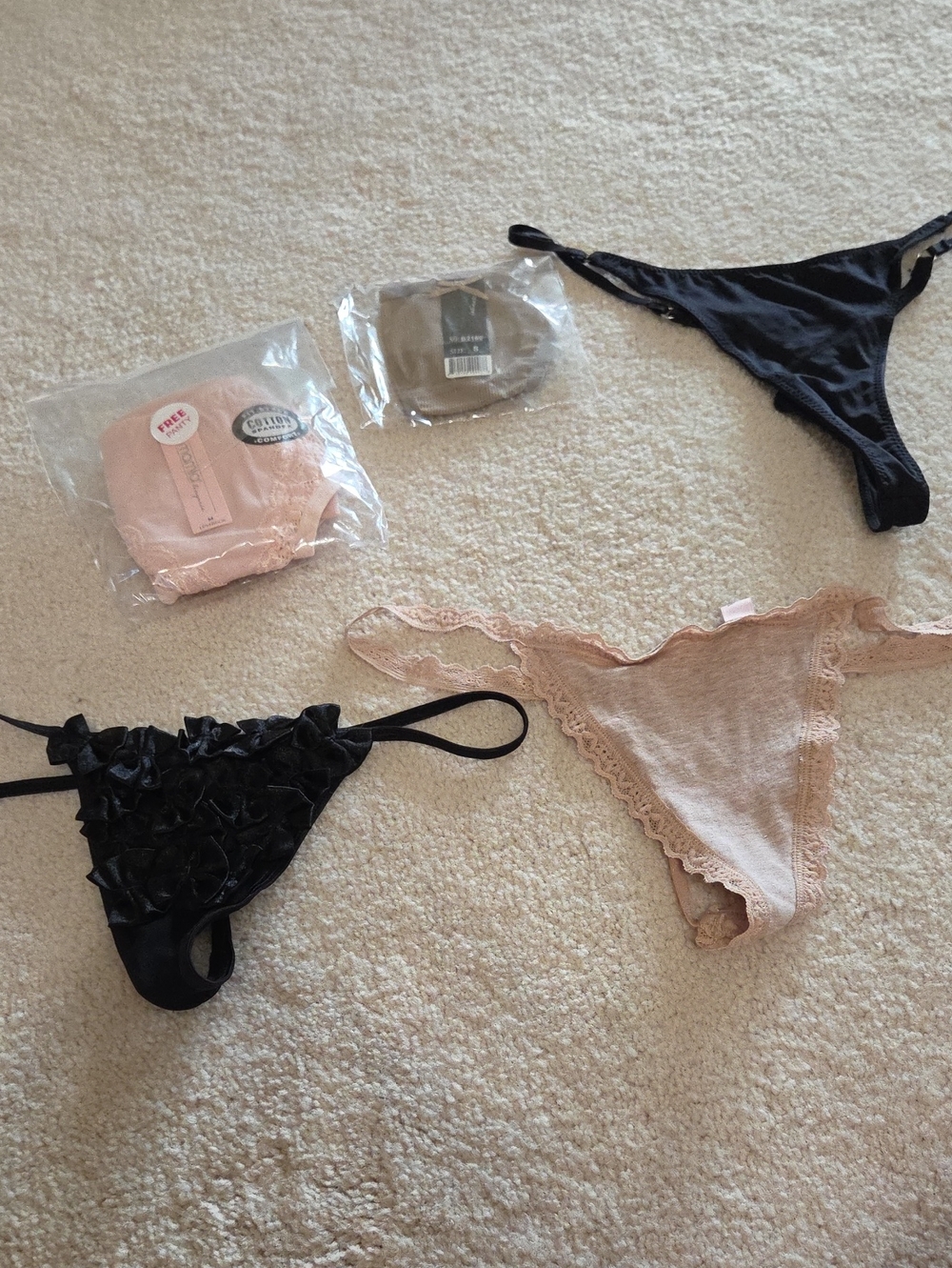 Women’s Lace Trim Thong Panties - Black & Blush (Pack)